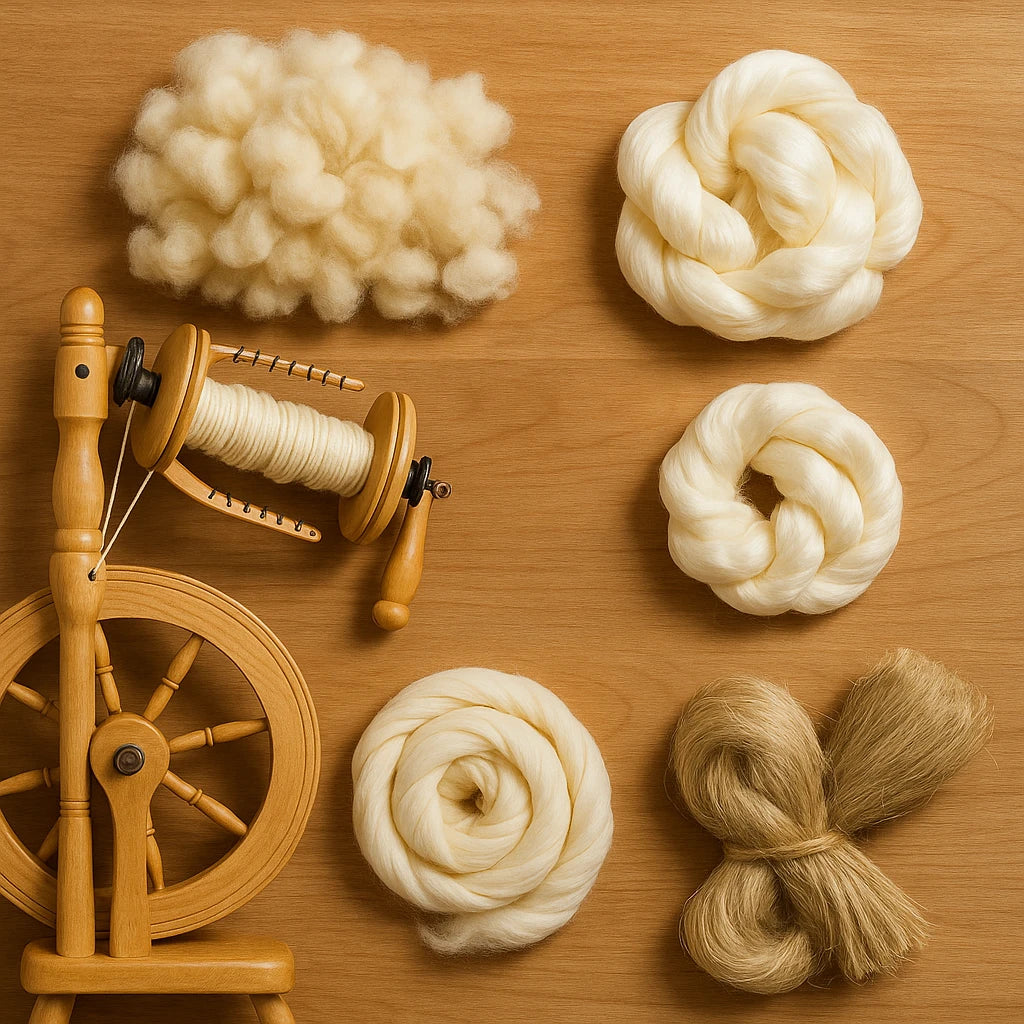 Spinnrad mit Naturfasern: Wolle, Seide, Baumwolle und Flachs auf Holzuntergrund – Materialübersicht für Handspinnerinnen