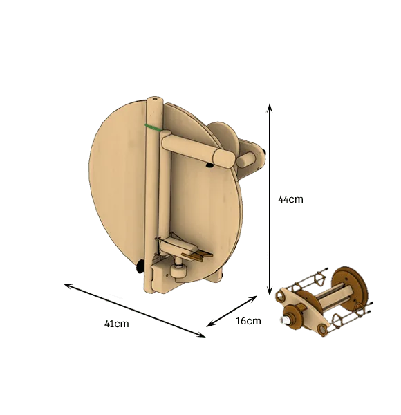 Zusammengeklapptes Lojan Travel Buddy Spinnrad mit Maßangaben – platzsparendes, tragbares Spinnrad mit separater Spule