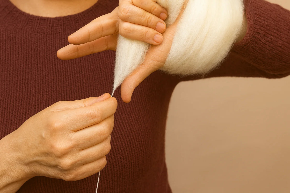 Spinnen aus der Flocke: Frau spinnt naturweiße Wolle von Hand beim Spinntreffen